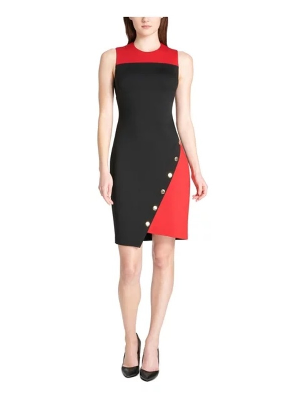 Tommy Hilfiger Black and Red Sleeveless Sheath Dress with Gold Buttons